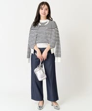 F1FDA10100 MK MICHEL KLEIN(小さいサイズ)(メゾン ドゥ サンク) 【小さいサイズ】ボーダー柄モックネック六分袖ニット/洗える ネイビー