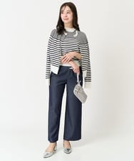 F1FDA10100 MK MICHEL KLEIN(小さいサイズ)(メゾン ドゥ サンク) 【小さいサイズ】ボーダー柄モックネック六分袖ニット/洗える ネイビー