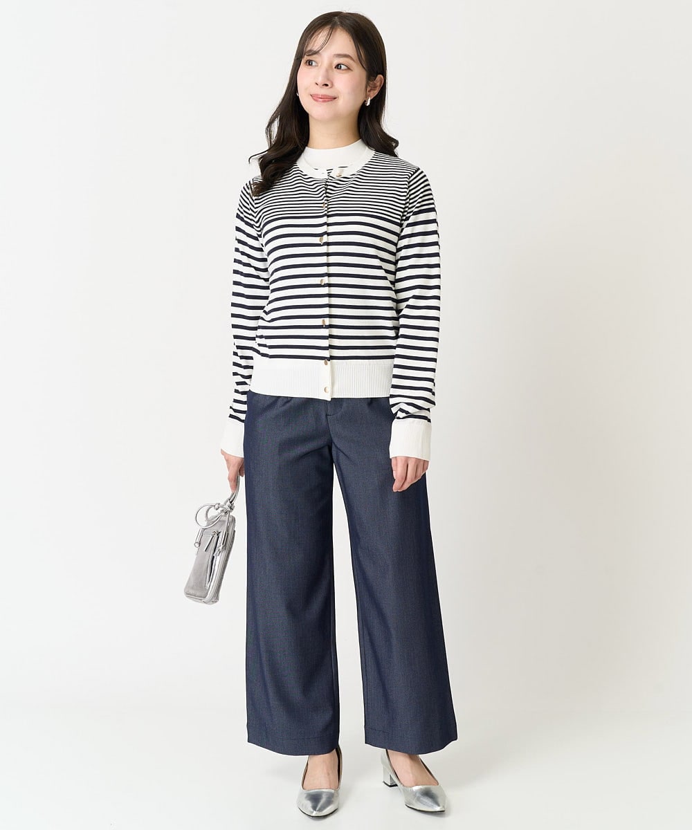 F1FDA10100 MK MICHEL KLEIN(小さいサイズ)(メゾン ドゥ サンク) 【小さいサイズ】ボーダー柄モックネック六分袖ニット/洗える ネイビー