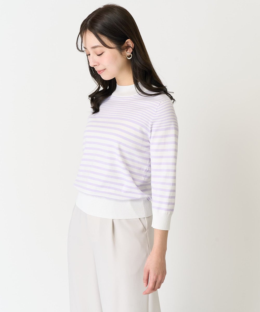 F1FDA10100 MK MICHEL KLEIN(小さいサイズ)(メゾン ドゥ サンク) 【小さいサイズ】ボーダー柄モックネック六分袖ニット/洗える ネイビー