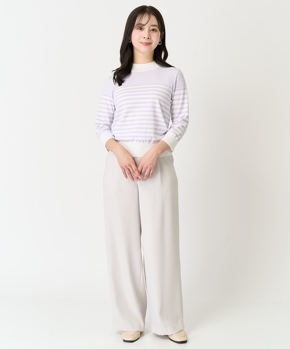 F1FDA10100 MK MICHEL KLEIN(小さいサイズ)(メゾン ドゥ サンク) 【小さいサイズ】ボーダー柄モックネック六分袖ニット/洗える ネイビー