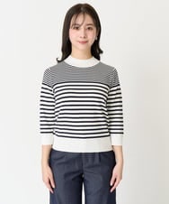 F1FDA10100 MK MICHEL KLEIN(小さいサイズ)(メゾン ドゥ サンク) 【小さいサイズ】ボーダー柄モックネック六分袖ニット/洗える ネイビー