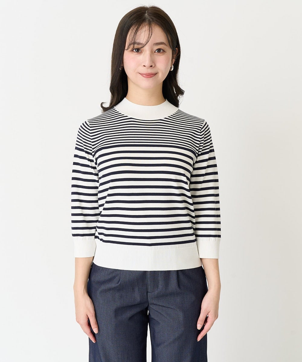 F1FDA10100 MK MICHEL KLEIN(小さいサイズ)(メゾン ドゥ サンク) 【小さいサイズ】ボーダー柄モックネック六分袖ニット/洗える ネイビー