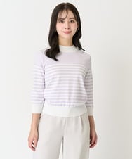 F1FDA10100 MK MICHEL KLEIN(小さいサイズ)(メゾン ドゥ サンク) 【小さいサイズ】ボーダー柄モックネック六分袖ニット/洗える ラベンダー