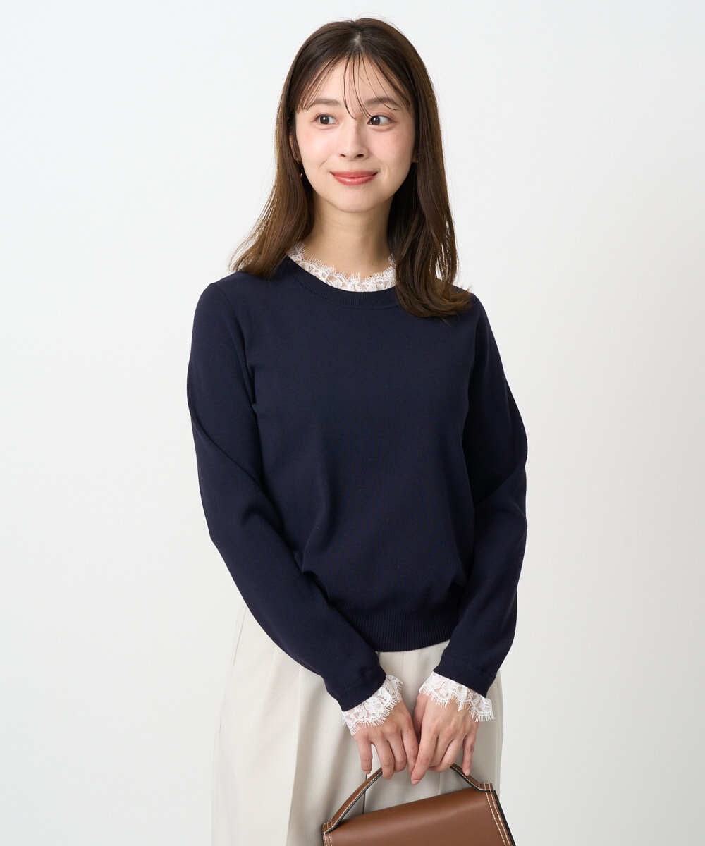 F1FDD11140 MK MICHEL KLEIN(小さいサイズ)(メゾン ドゥ サンク) 【小さいサイズ】レースデザインコンパクトニット/洗える ネイビー