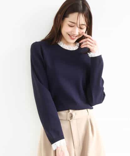 F1FDD11140  【小さいサイズ】レースデザインコンパクトニット/洗える