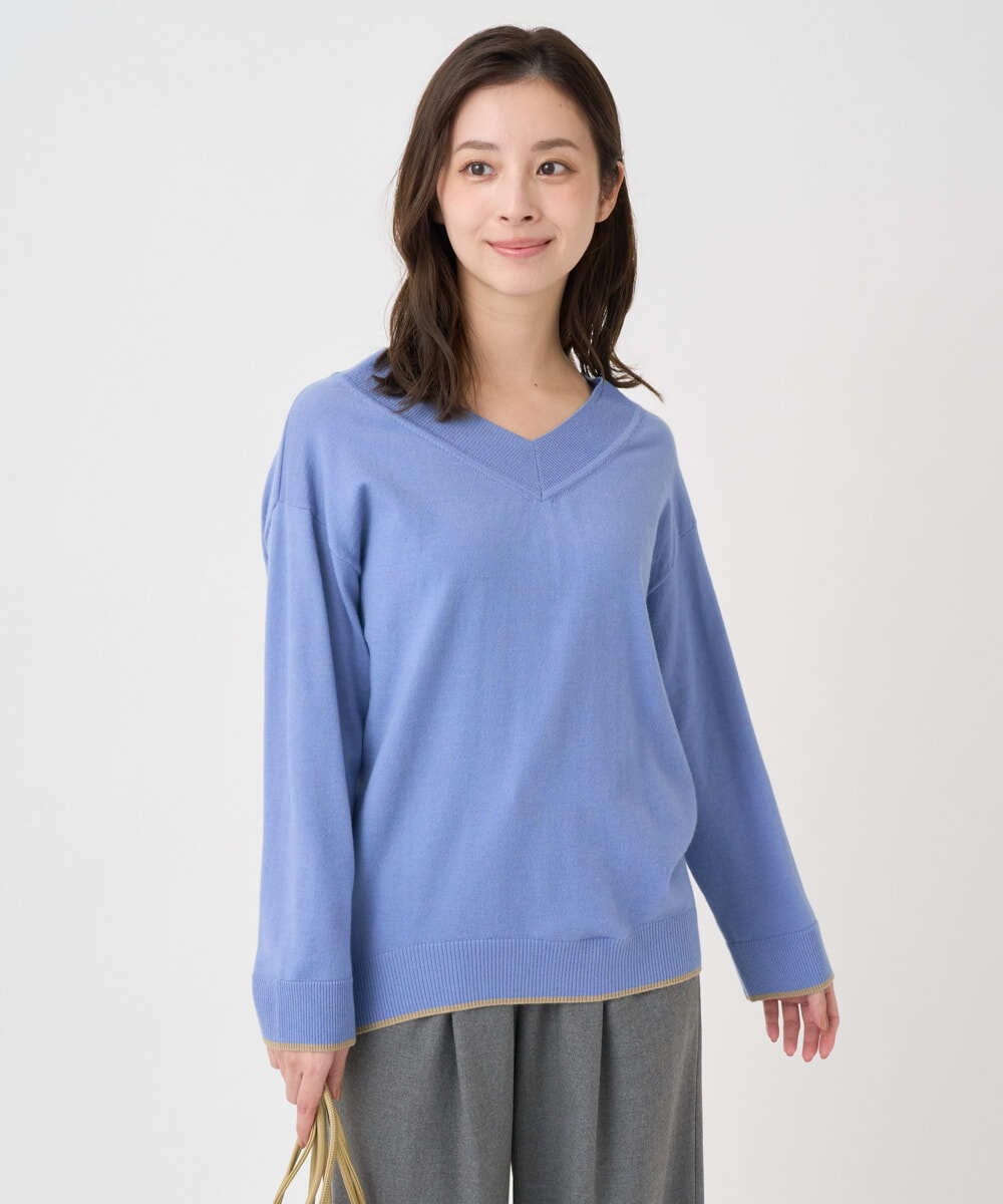 F1FDD60140 MK MICHEL KLEIN(小さいサイズ)(メゾン ドゥ サンク) 【小さいサイズ】配色ラインVネックニット/洗える ライトブルー