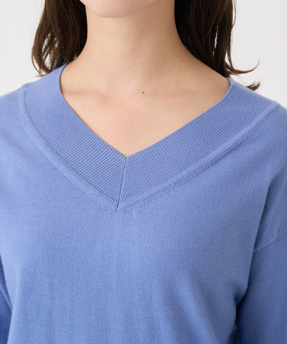 F1FDD60140 MK MICHEL KLEIN(小さいサイズ)(メゾン ドゥ サンク) 【小さいサイズ】配色ラインVネックニット/洗える ライトブルー