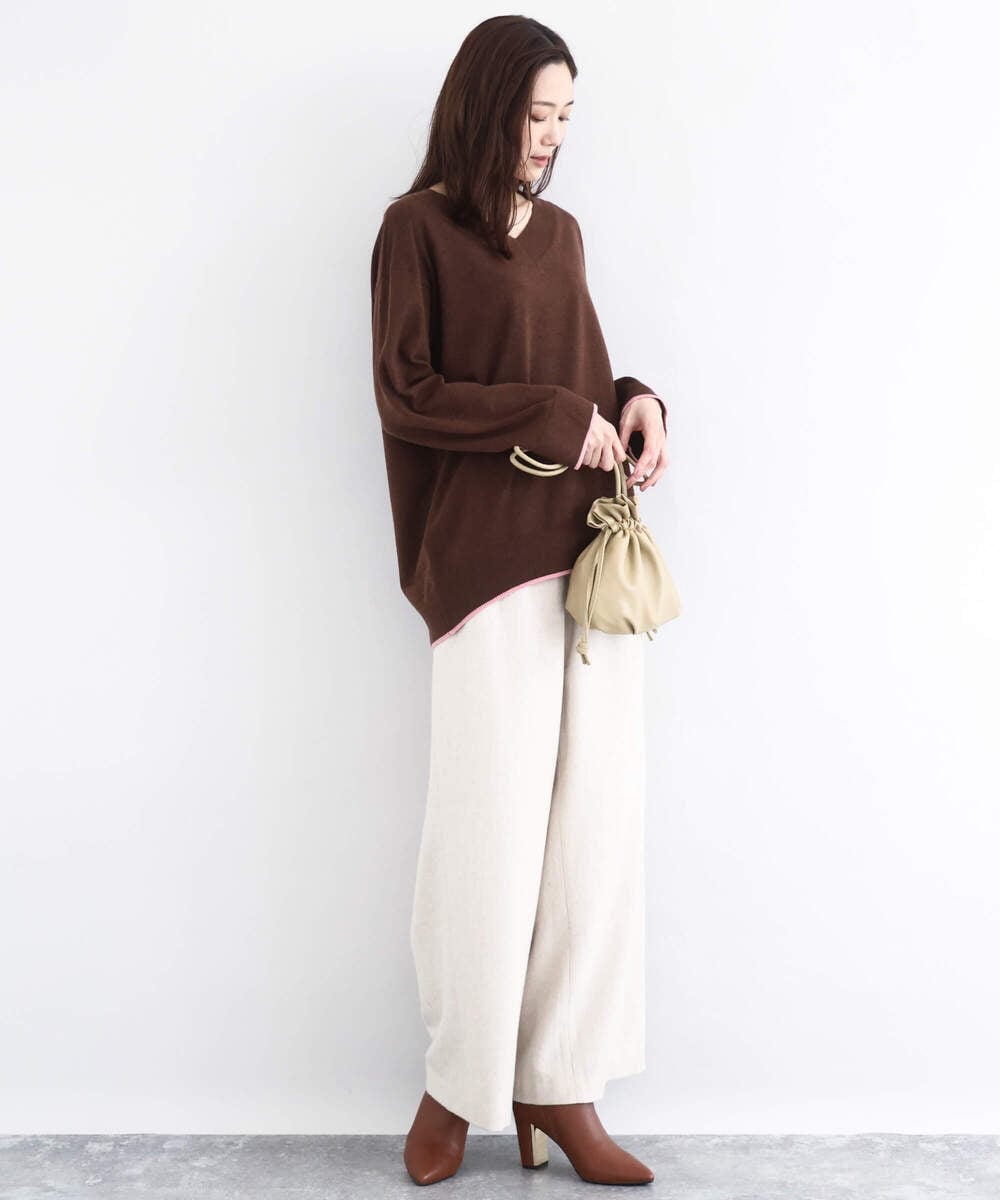 F1FDD60140 MK MICHEL KLEIN(小さいサイズ)(メゾン ドゥ サンク) 配色ラインVネックニット/洗える ライトブルー