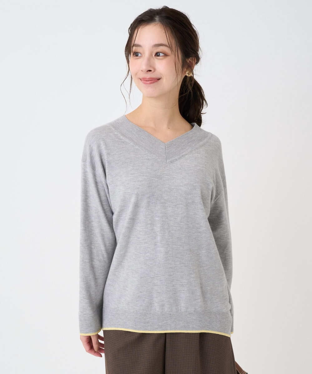 F1FDD60140 MK MICHEL KLEIN(小さいサイズ)(メゾン ドゥ サンク) 【小さいサイズ】配色ラインVネックニット/洗える ライトブルー