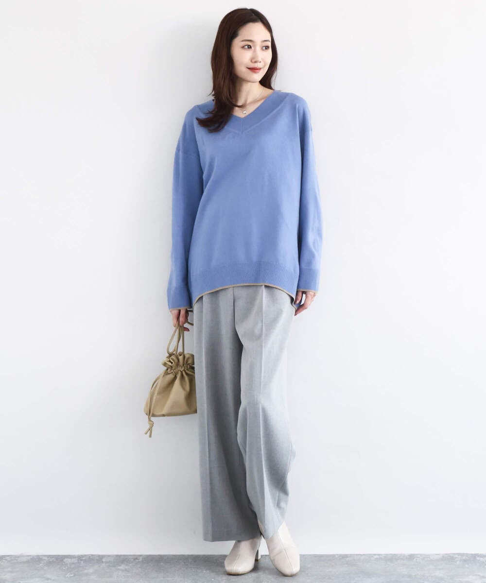 F1FDD60140 MK MICHEL KLEIN(小さいサイズ)(メゾン ドゥ サンク) 配色ラインVネックニット/洗える ライトブルー