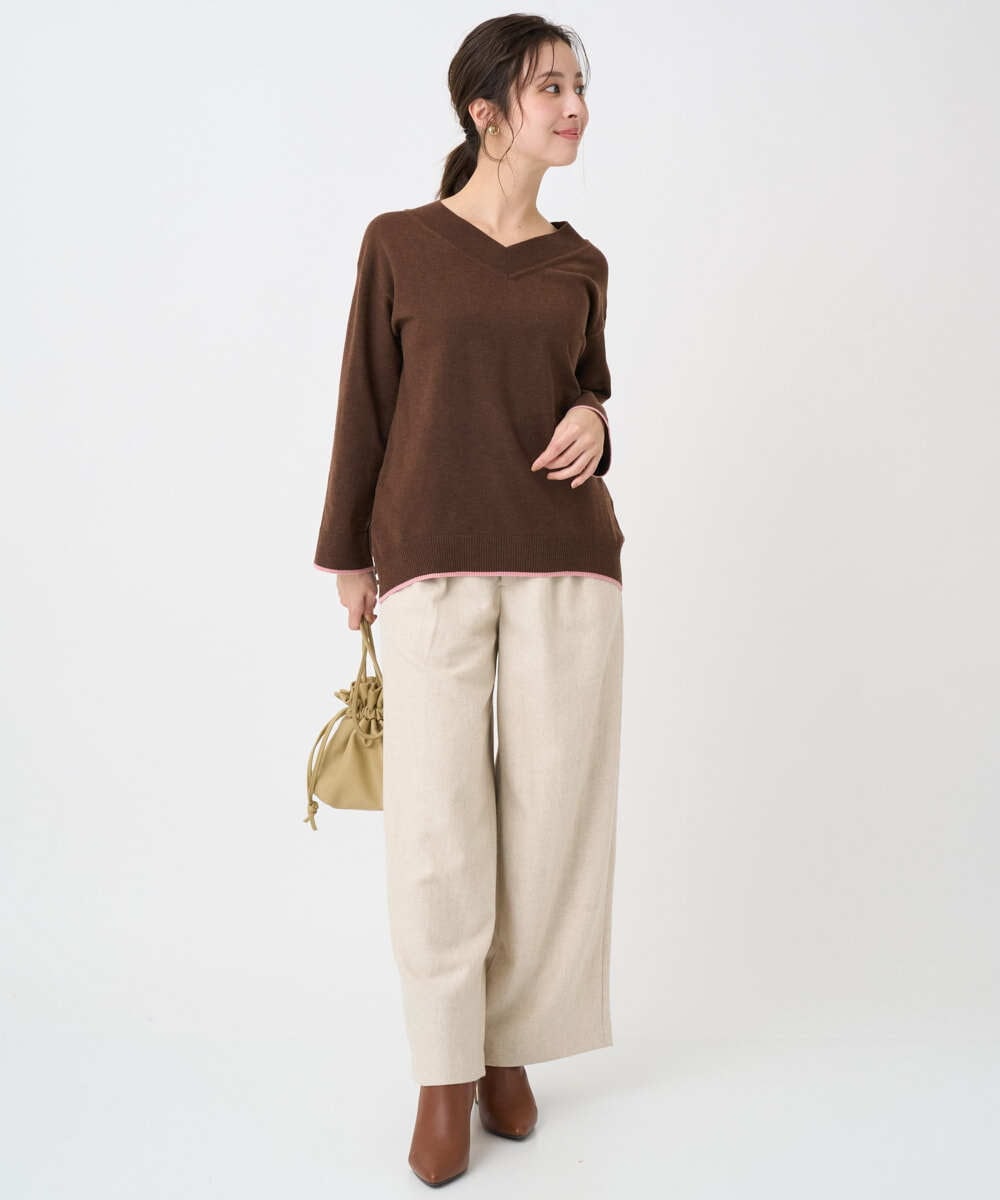 F1FDD60140 MK MICHEL KLEIN(小さいサイズ)(メゾン ドゥ サンク) 【小さいサイズ】配色ラインVネックニット/洗える ライトブルー