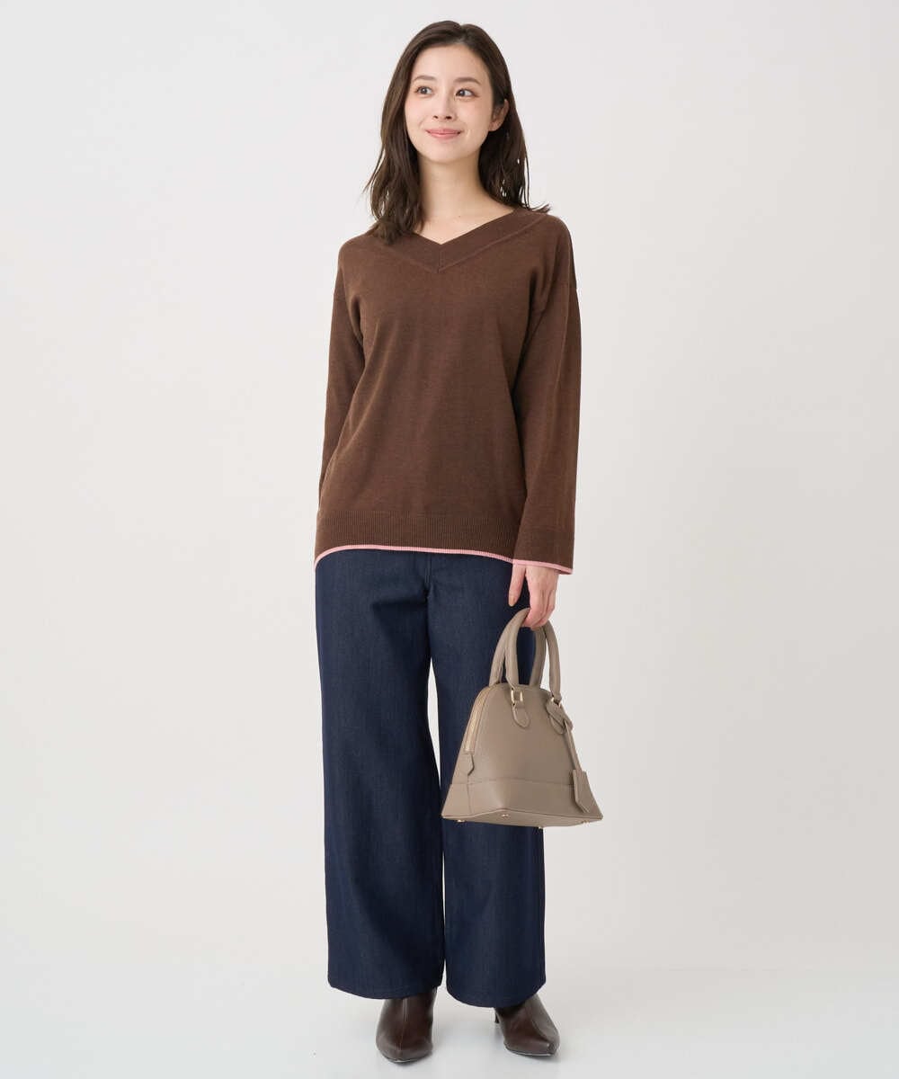 F1FDD60140 MK MICHEL KLEIN(小さいサイズ)(メゾン ドゥ サンク) 【小さいサイズ】配色ラインVネックニット/洗える ライトブルー