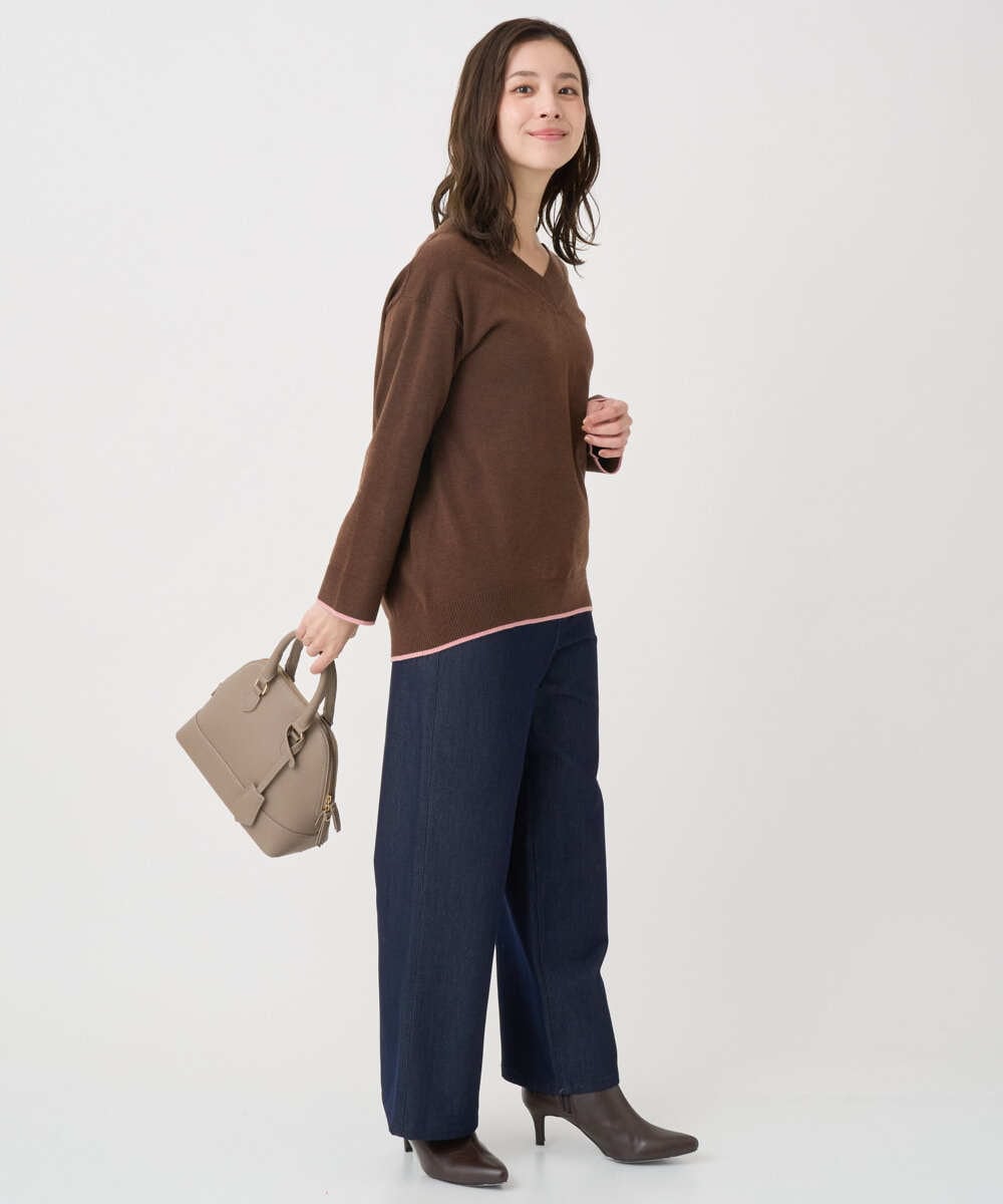 F1FDD60140 MK MICHEL KLEIN(小さいサイズ)(メゾン ドゥ サンク) 【小さいサイズ】配色ラインVネックニット/洗える ライトブルー