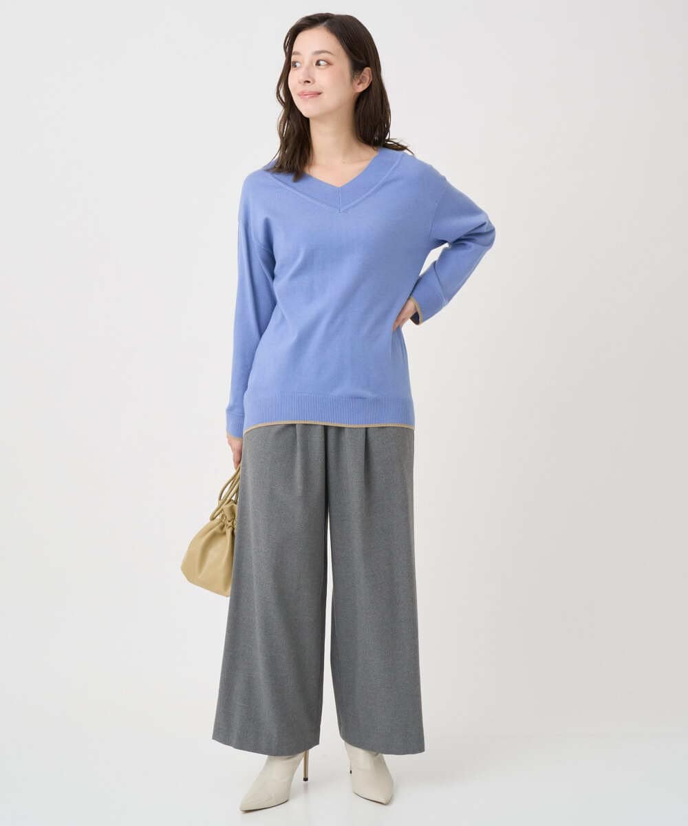 F1FDD60140 MK MICHEL KLEIN(小さいサイズ)(メゾン ドゥ サンク) 【小さいサイズ】配色ラインVネックニット/洗える ライトブルー