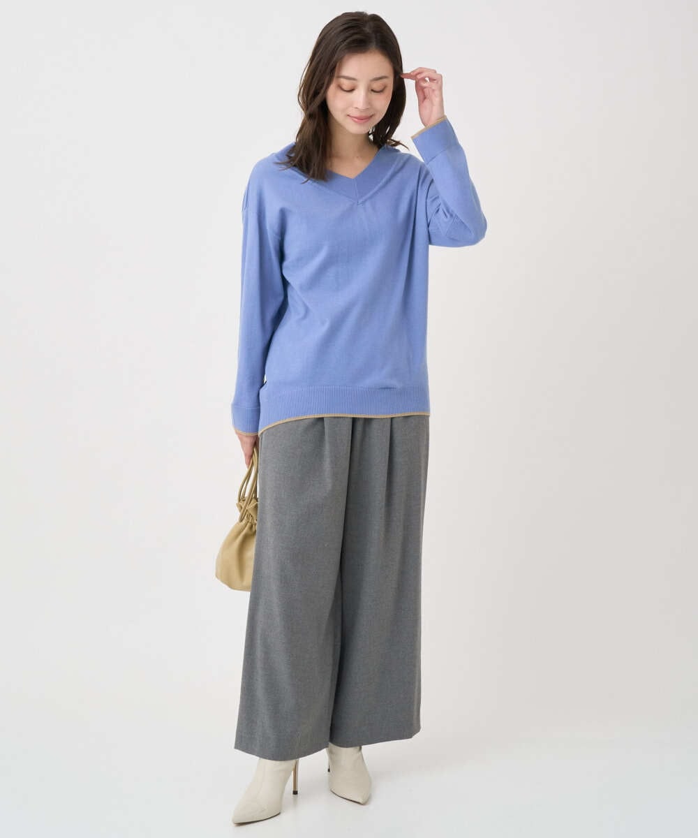 F1FDD60140 MK MICHEL KLEIN(小さいサイズ)(メゾン ドゥ サンク) 【小さいサイズ】配色ラインVネックニット/洗える ライトブルー