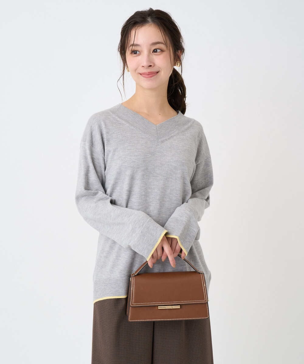 F1FDD60140 MK MICHEL KLEIN(小さいサイズ)(メゾン ドゥ サンク) 【小さいサイズ】配色ラインVネックニット/洗える ライトブルー