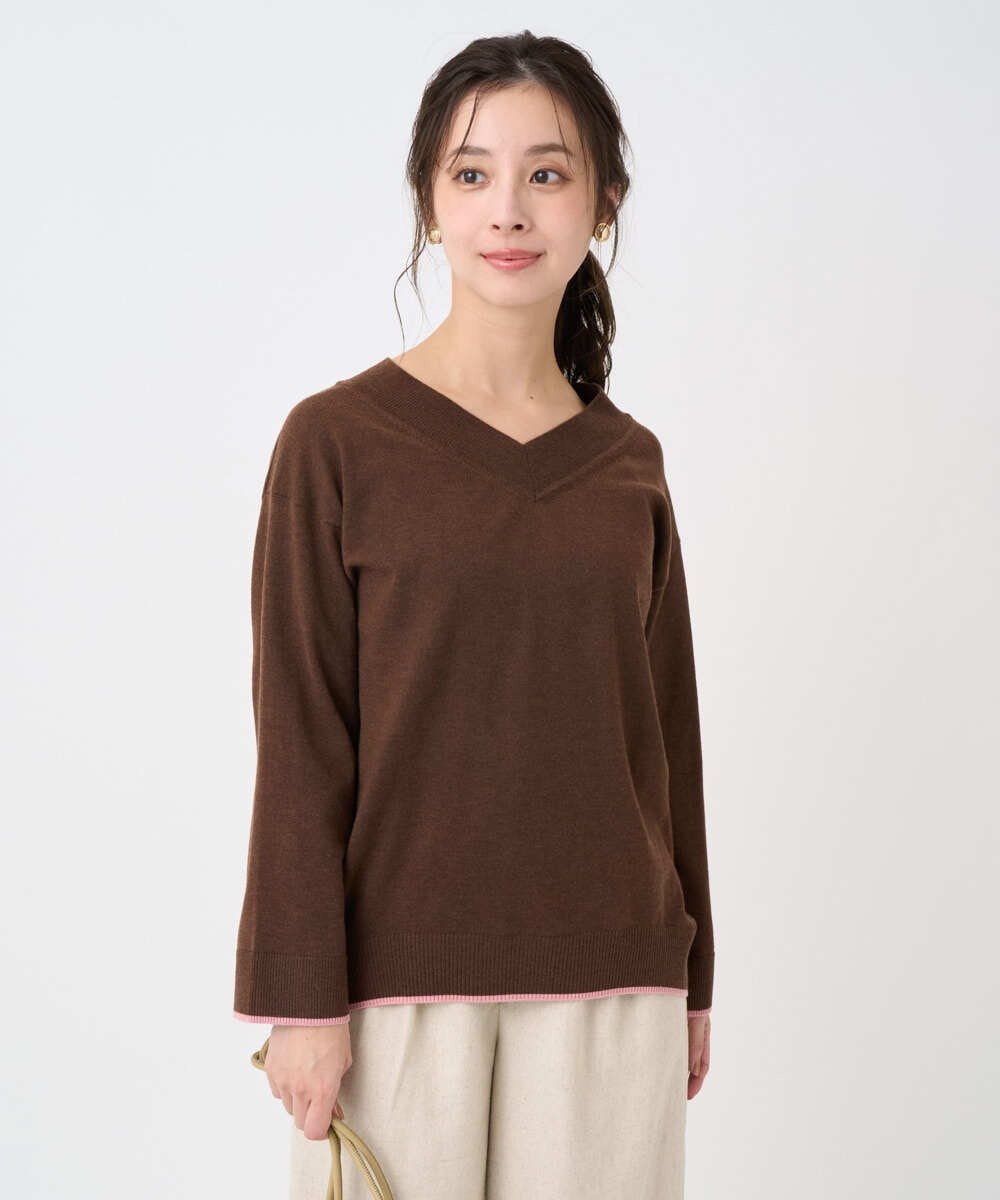 F1FDD60140 MK MICHEL KLEIN(小さいサイズ)(メゾン ドゥ サンク) 【小さいサイズ】配色ラインVネックニット/洗える ライトブルー