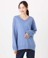 F1FDD60140 MK MICHEL KLEIN(小さいサイズ)(メゾン ドゥ サンク) 配色ラインVネックニット/洗える ライトブルー