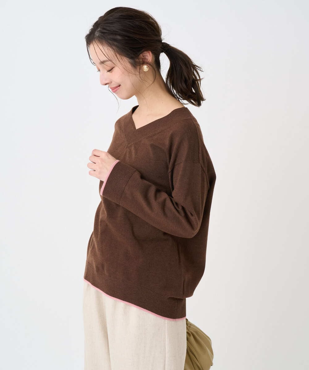 F1FDD60140 MK MICHEL KLEIN(小さいサイズ)(メゾン ドゥ サンク) 【小さいサイズ】配色ラインVネックニット/洗える ライトブルー