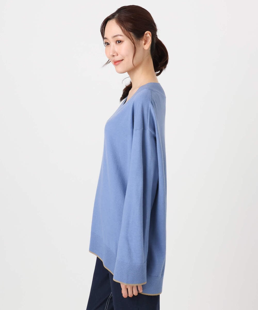 F1FDD60140 MK MICHEL KLEIN(小さいサイズ)(メゾン ドゥ サンク) 配色ラインVネックニット/洗える ライトブルー