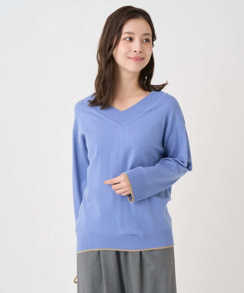 F1FDD60140 MK MICHEL KLEIN(小さいサイズ)(メゾン ドゥ サンク) 【小さいサイズ】配色ラインVネックニット/洗える ライトブルー