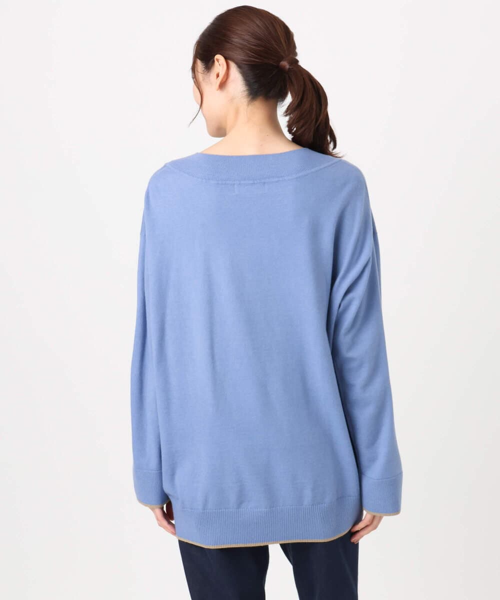 F1FDD60140 MK MICHEL KLEIN(小さいサイズ)(メゾン ドゥ サンク) 配色ラインVネックニット/洗える ライトブルー