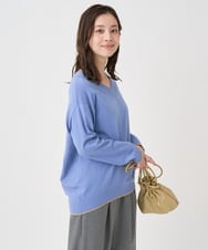 F1FDD60140 MK MICHEL KLEIN(小さいサイズ)(メゾン ドゥ サンク) 【小さいサイズ】配色ラインVネックニット/洗える ライトブルー