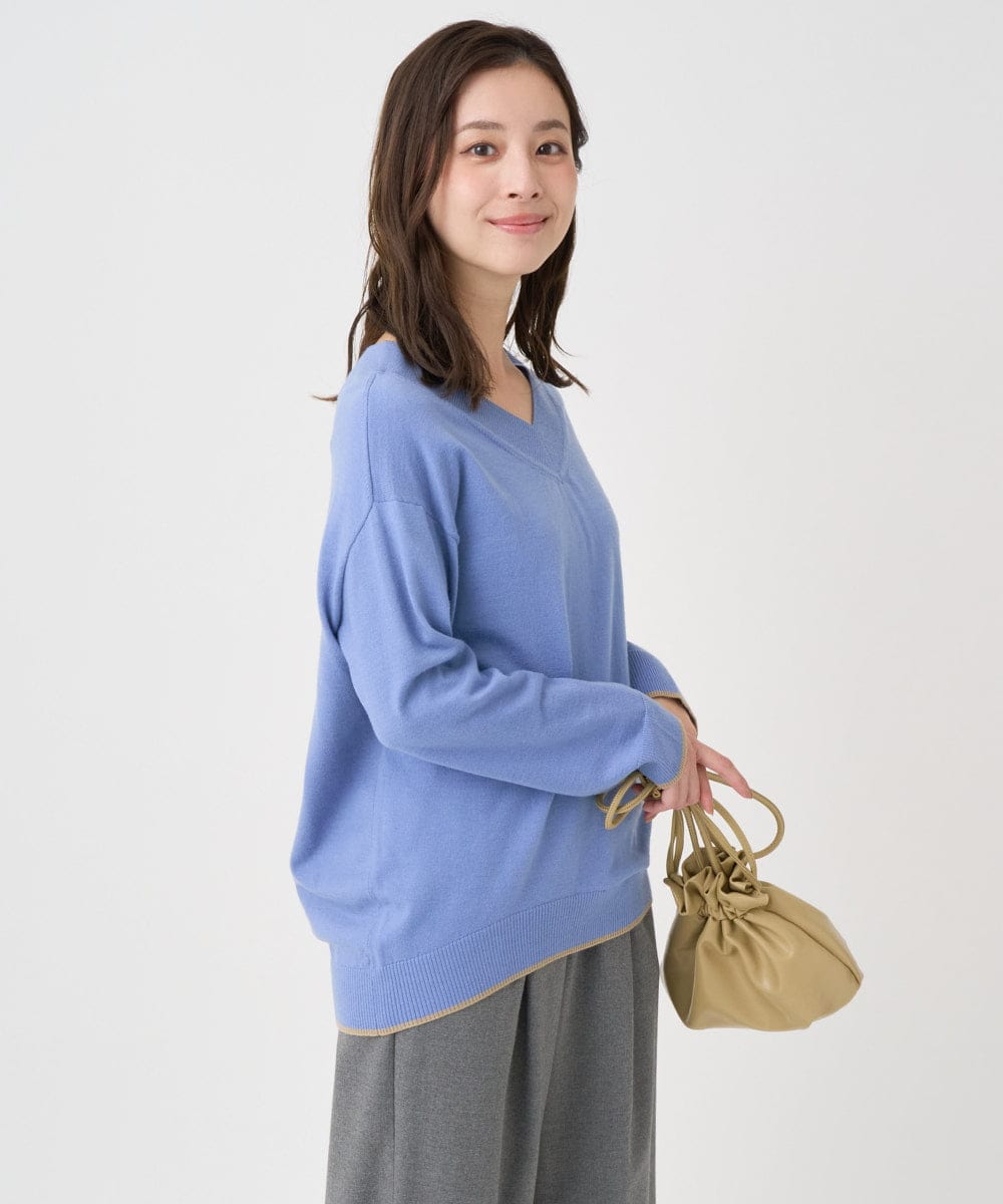 F1FDD60140 MK MICHEL KLEIN(小さいサイズ)(メゾン ドゥ サンク) 【小さいサイズ】配色ラインVネックニット/洗える ライトブルー