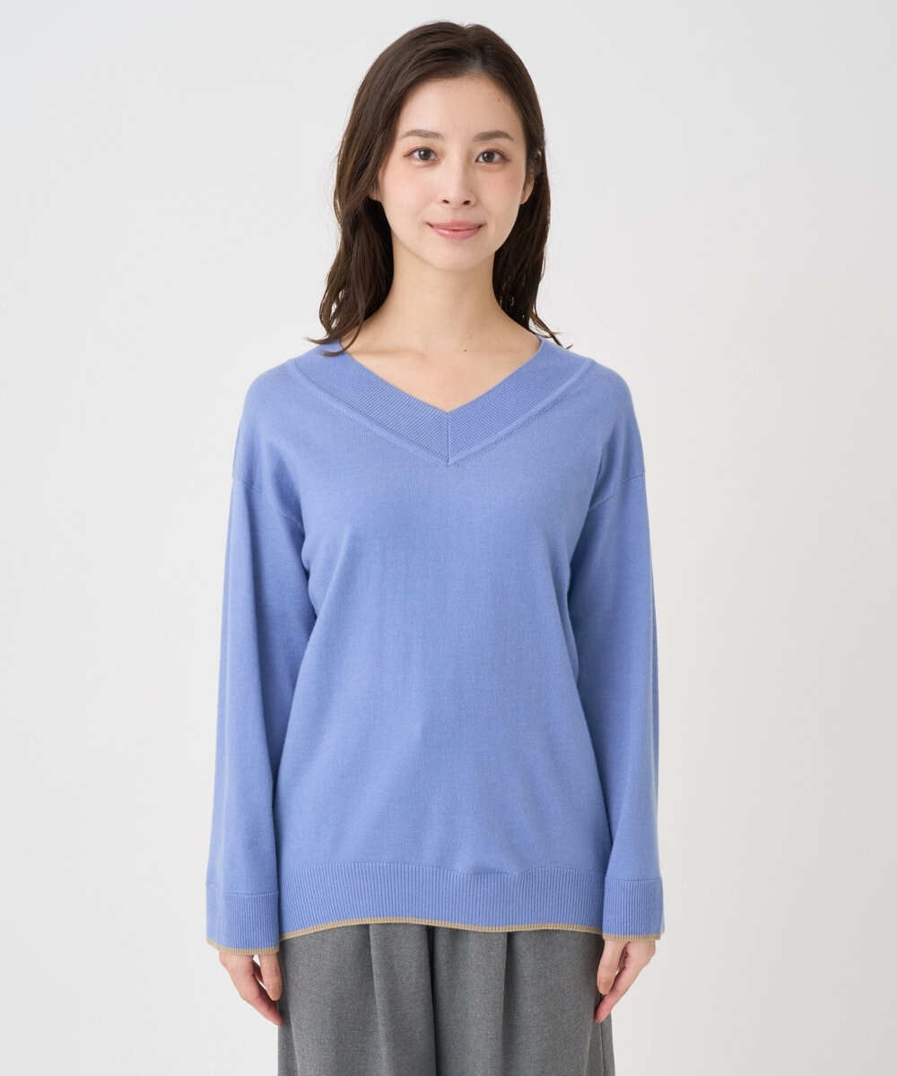 F1FDD60140 MK MICHEL KLEIN(小さいサイズ)(メゾン ドゥ サンク) 【小さいサイズ】配色ラインVネックニット/洗える ライトブルー