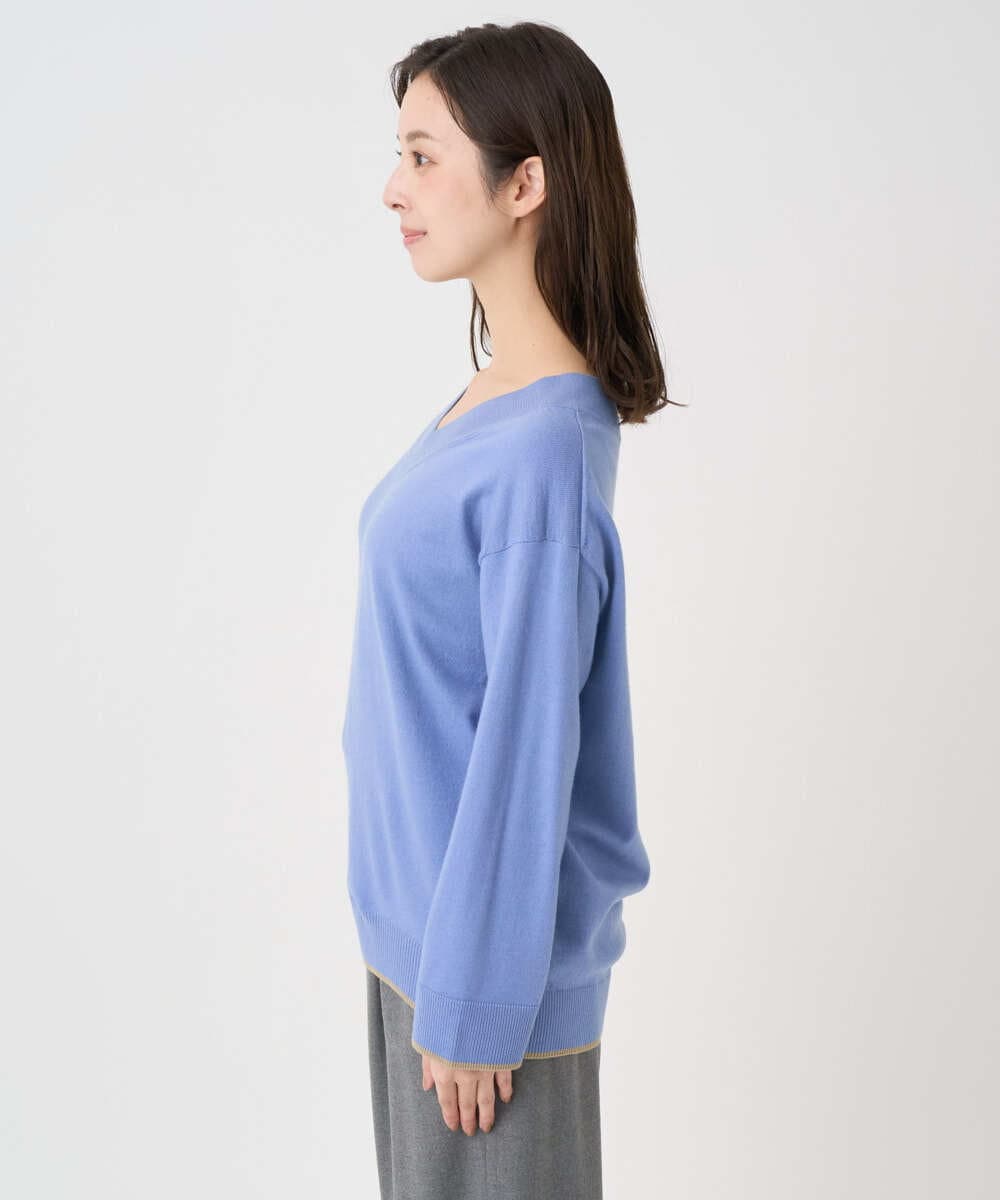 F1FDD60140 MK MICHEL KLEIN(小さいサイズ)(メゾン ドゥ サンク) 【小さいサイズ】配色ラインVネックニット/洗える ライトブルー