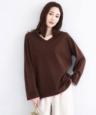 F1FDD60140 MK MICHEL KLEIN(小さいサイズ)(メゾン ドゥ サンク) 配色ラインVネックニット/洗える ブラウン