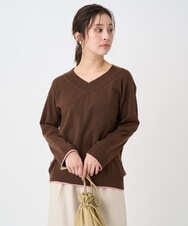 F1FDD60140 MK MICHEL KLEIN(小さいサイズ)(メゾン ドゥ サンク) 【小さいサイズ】配色ラインVネックニット/洗える ブラウン