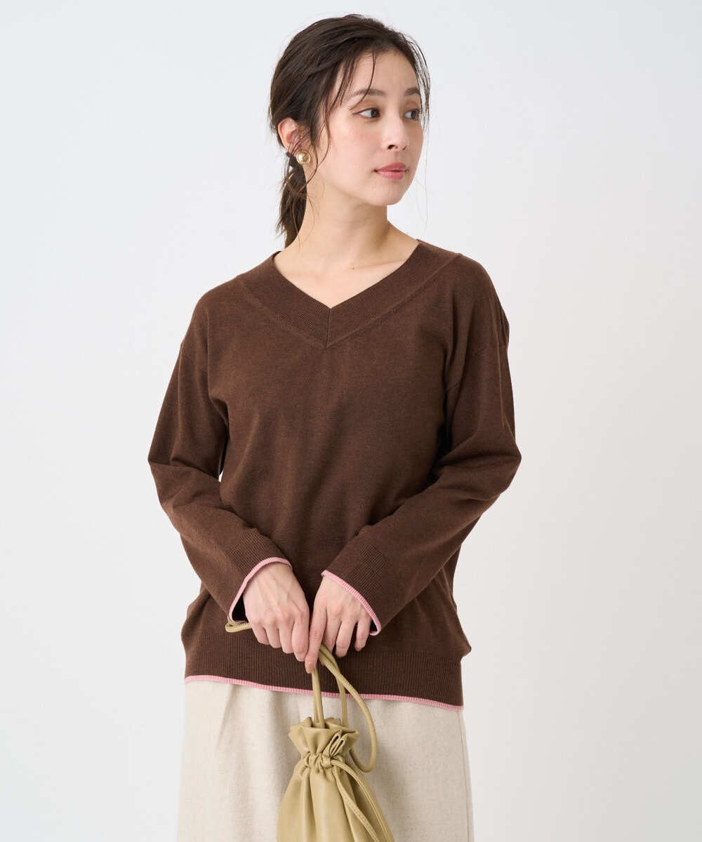 F1FDD60140 MK MICHEL KLEIN(小さいサイズ)(メゾン ドゥ サンク) 【小さいサイズ】配色ラインVネックニット/洗える ブラウン