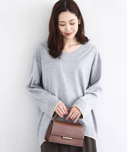 F1FDD60140 MK MICHEL KLEIN(小さいサイズ) 配色ラインVネックニット/洗える