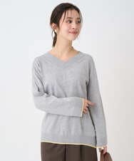 F1FDD60140 MK MICHEL KLEIN(小さいサイズ)(メゾン ドゥ サンク) 【小さいサイズ】配色ラインVネックニット/洗える グレー