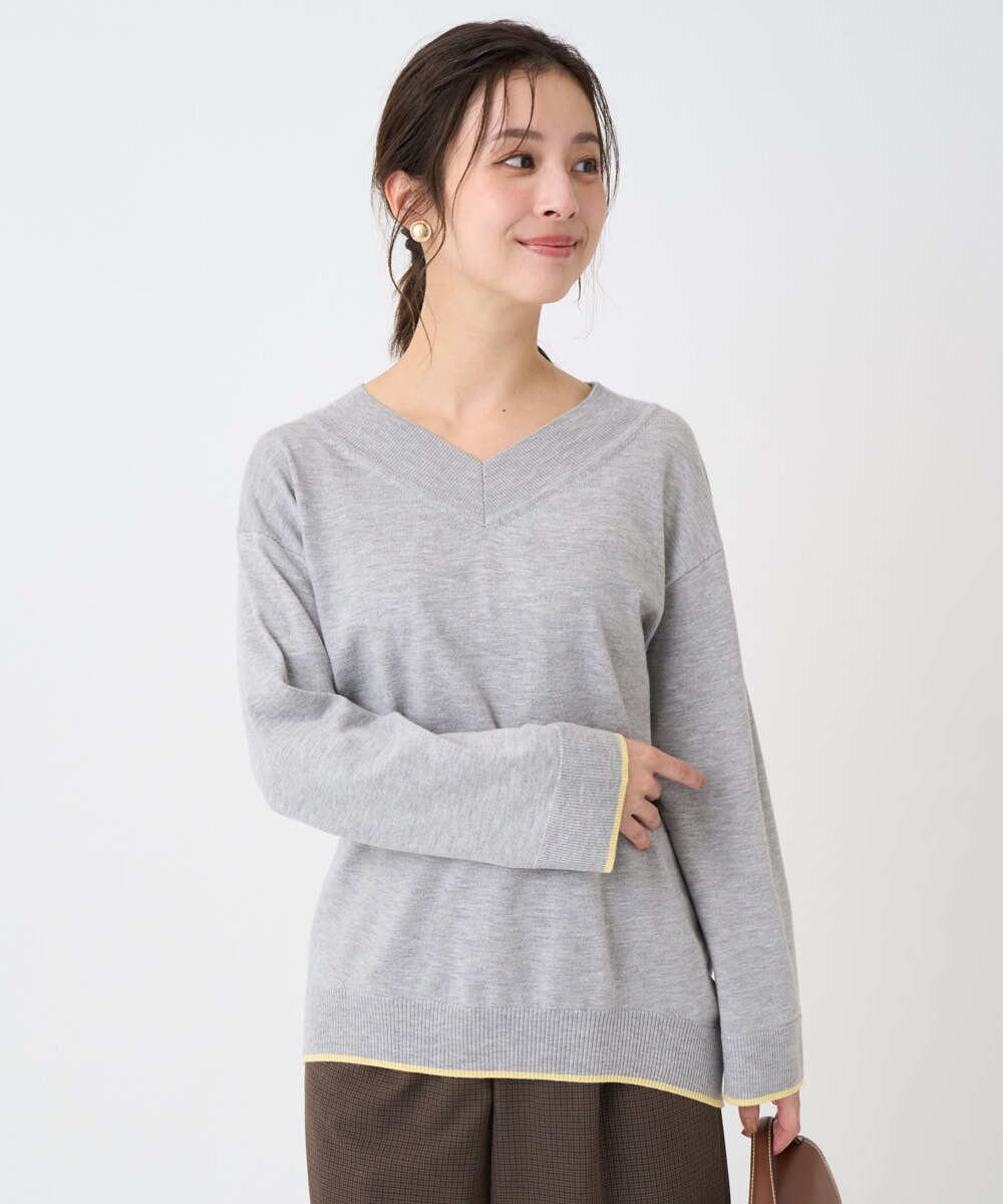 F1FDD60140 MK MICHEL KLEIN(小さいサイズ)(メゾン ドゥ サンク) 【小さいサイズ】配色ラインVネックニット/洗える グレー