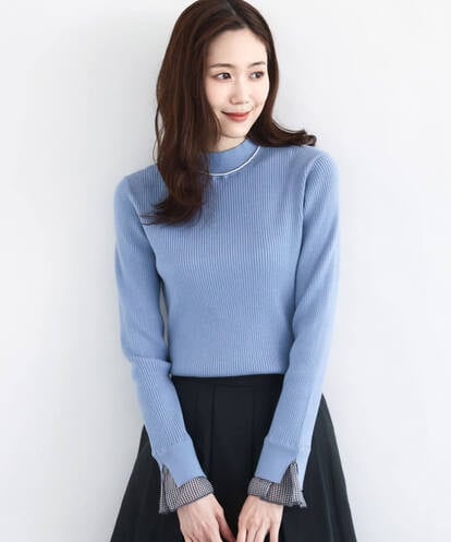 F1FDD64130  千鳥格子柄シフォンレイヤード風ハイゲージニット/洗える