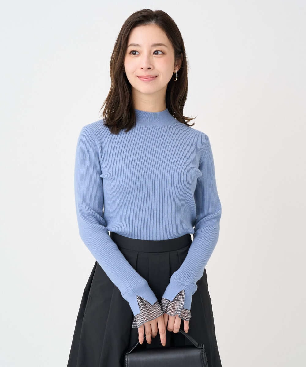 F1FDD64130 MK MICHEL KLEIN(小さいサイズ)(メゾン ドゥ サンク) 【小さいサイズ】千鳥格子柄シフォンレイヤード風ハイゲージニット/洗える ライトブルー