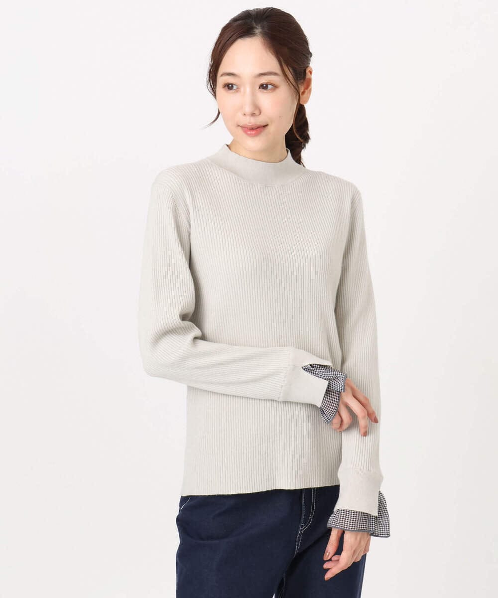 F1FDD64130 MK MICHEL KLEIN(小さいサイズ)(メゾン ドゥ サンク) 千鳥格子柄シフォンレイヤード風ハイゲージニット/洗える ライトブルー