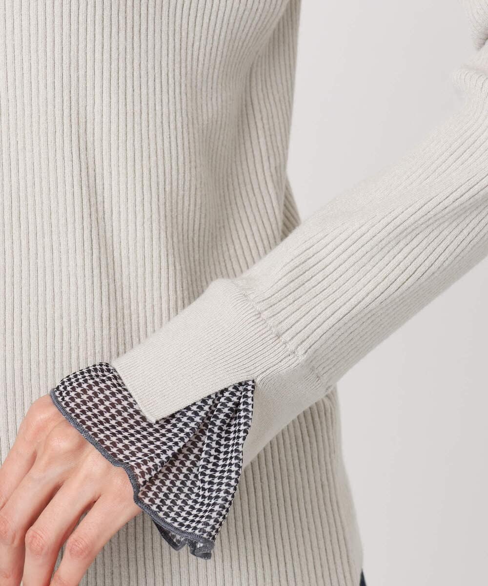 F1FDD64130 MK MICHEL KLEIN(小さいサイズ)(メゾン ドゥ サンク) 千鳥格子柄シフォンレイヤード風ハイゲージニット/洗える ライトブルー