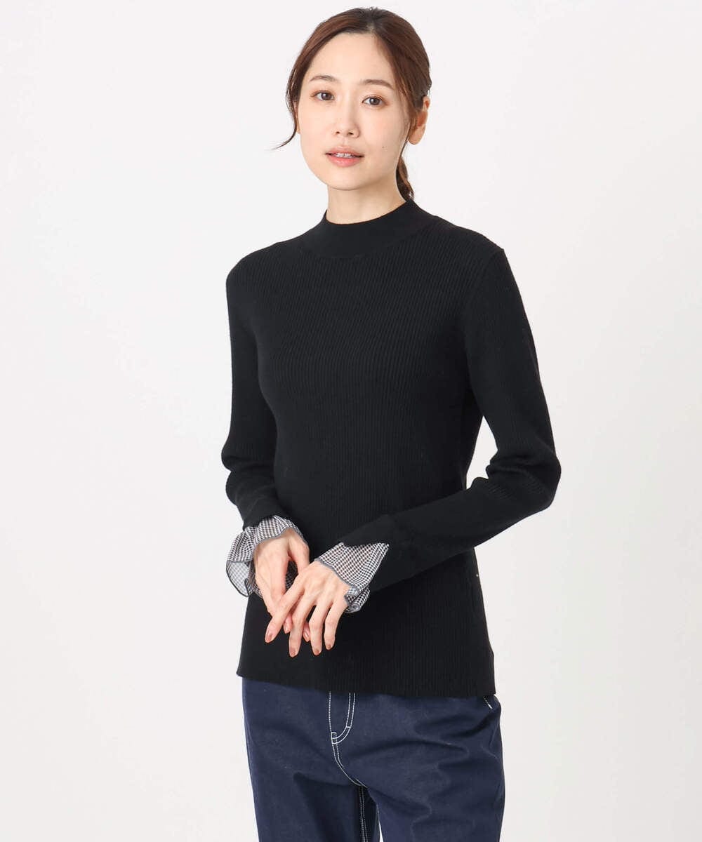 F1FDD64130 MK MICHEL KLEIN(小さいサイズ)(メゾン ドゥ サンク) 千鳥格子柄シフォンレイヤード風ハイゲージニット/洗える ライトブルー