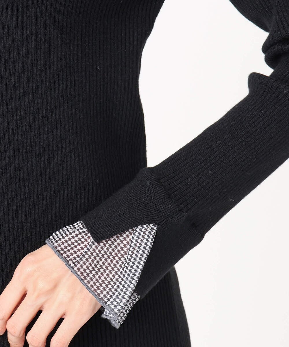 F1FDD64130 MK MICHEL KLEIN(小さいサイズ)(メゾン ドゥ サンク) 千鳥格子柄シフォンレイヤード風ハイゲージニット/洗える ライトブルー