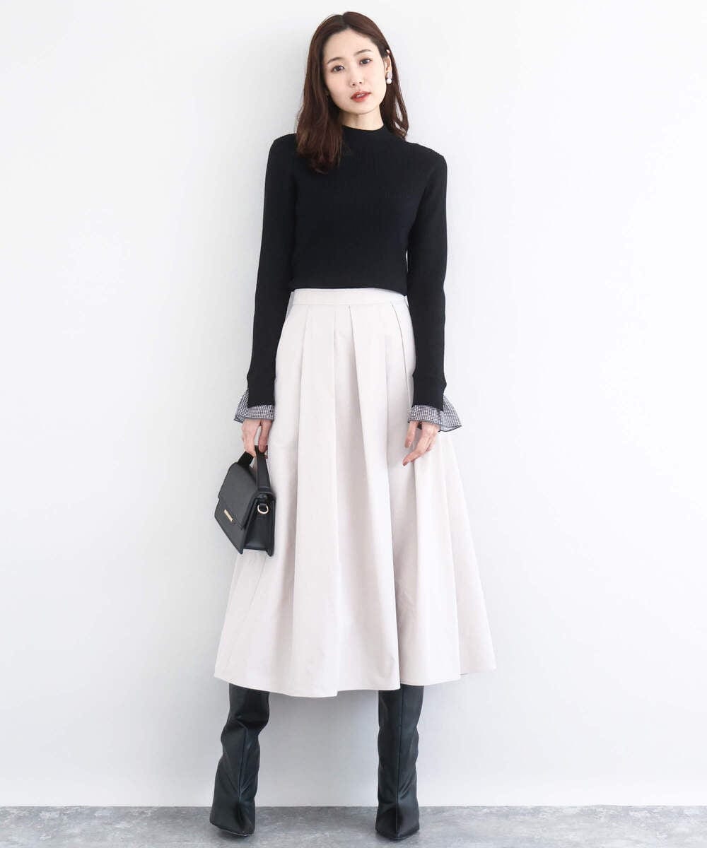 F1FDD64130 MK MICHEL KLEIN(小さいサイズ)(メゾン ドゥ サンク) 千鳥格子柄シフォンレイヤード風ハイゲージニット/洗える ライトブルー