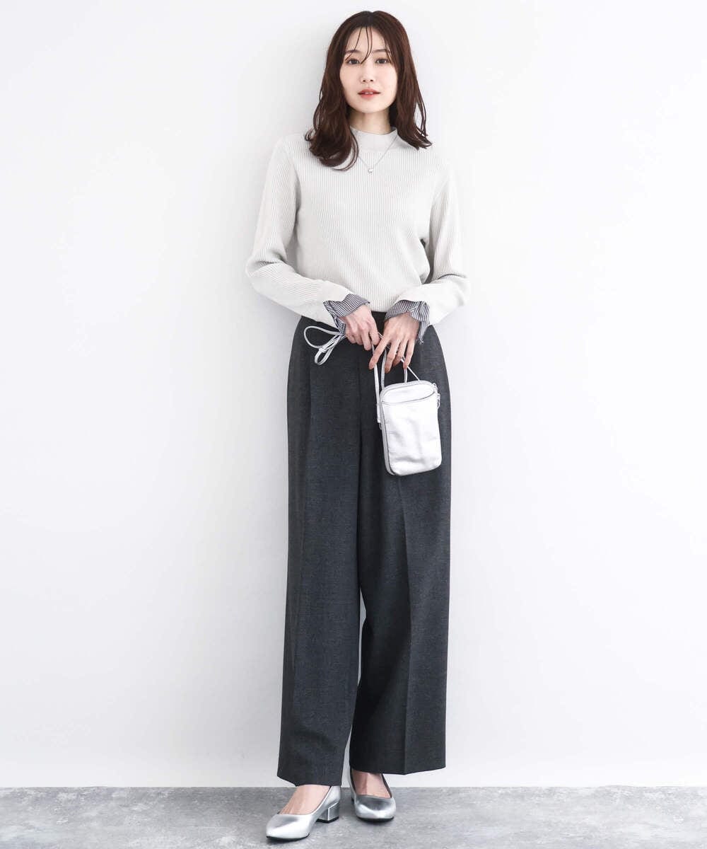 F1FDD64130 MK MICHEL KLEIN(小さいサイズ)(メゾン ドゥ サンク) 千鳥格子柄シフォンレイヤード風ハイゲージニット/洗える ライトブルー