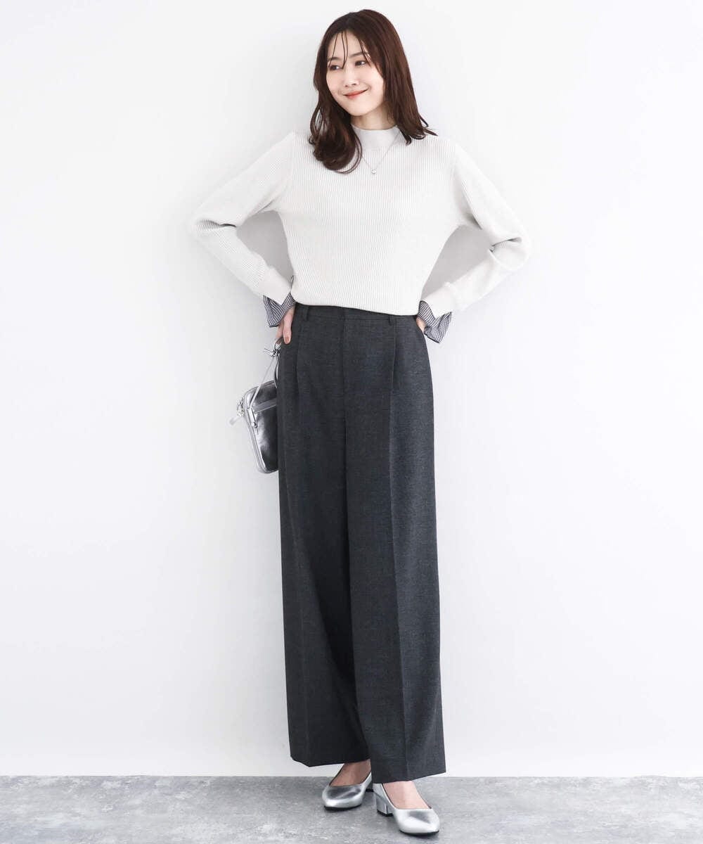 F1FDD64130 MK MICHEL KLEIN(小さいサイズ)(メゾン ドゥ サンク) 千鳥格子柄シフォンレイヤード風ハイゲージニット/洗える ライトブルー