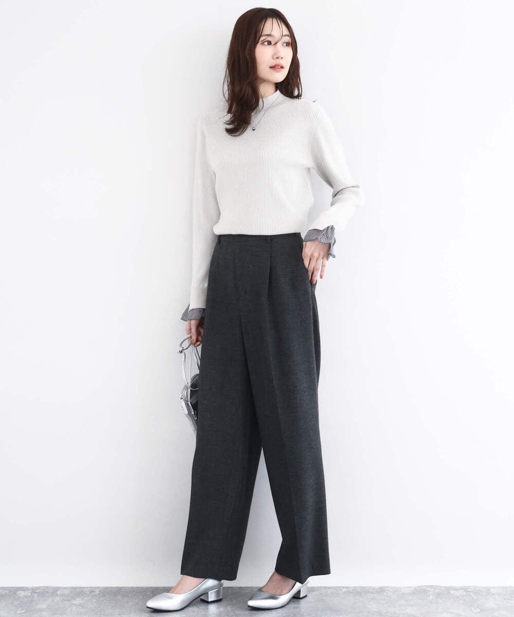 F1FDD64130 MK MICHEL KLEIN(小さいサイズ)(メゾン ドゥ サンク) 千鳥格子柄シフォンレイヤード風ハイゲージニット/洗える ライトブルー