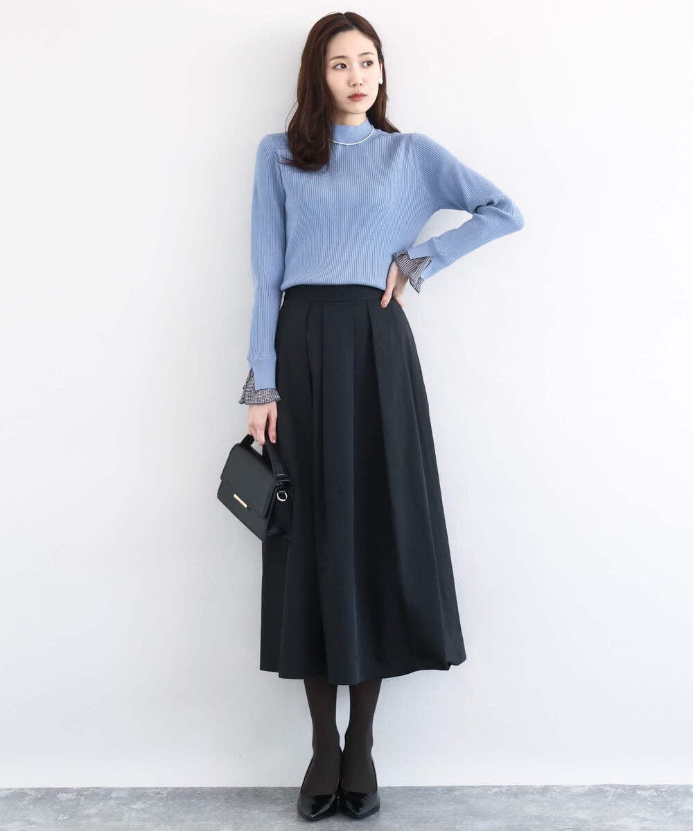 F1FDD64130 MK MICHEL KLEIN(小さいサイズ)(メゾン ドゥ サンク) 千鳥格子柄シフォンレイヤード風ハイゲージニット/洗える ライトブルー