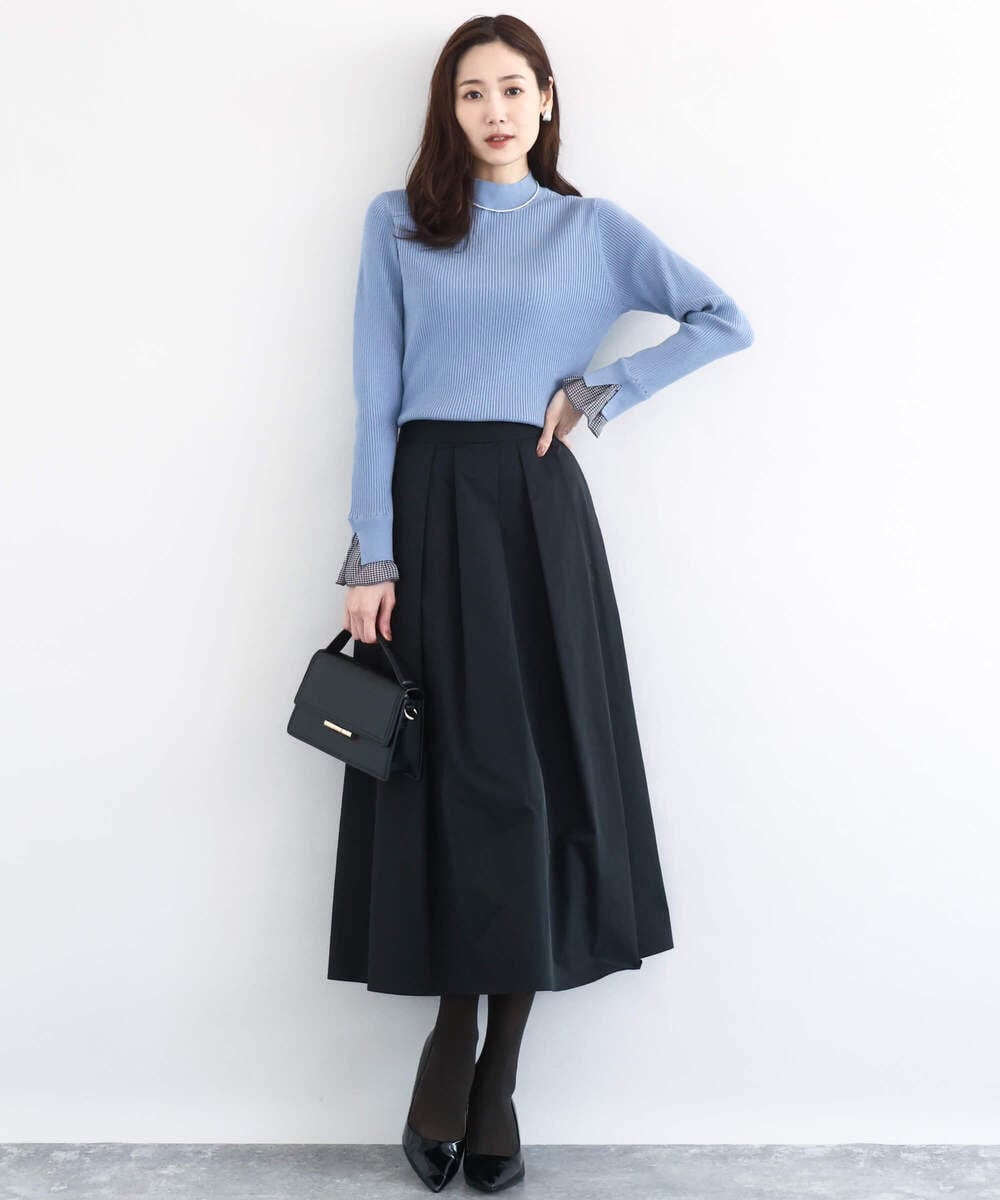 F1FDD64130 MK MICHEL KLEIN(小さいサイズ)(メゾン ドゥ サンク) 千鳥格子柄シフォンレイヤード風ハイゲージニット/洗える ライトブルー