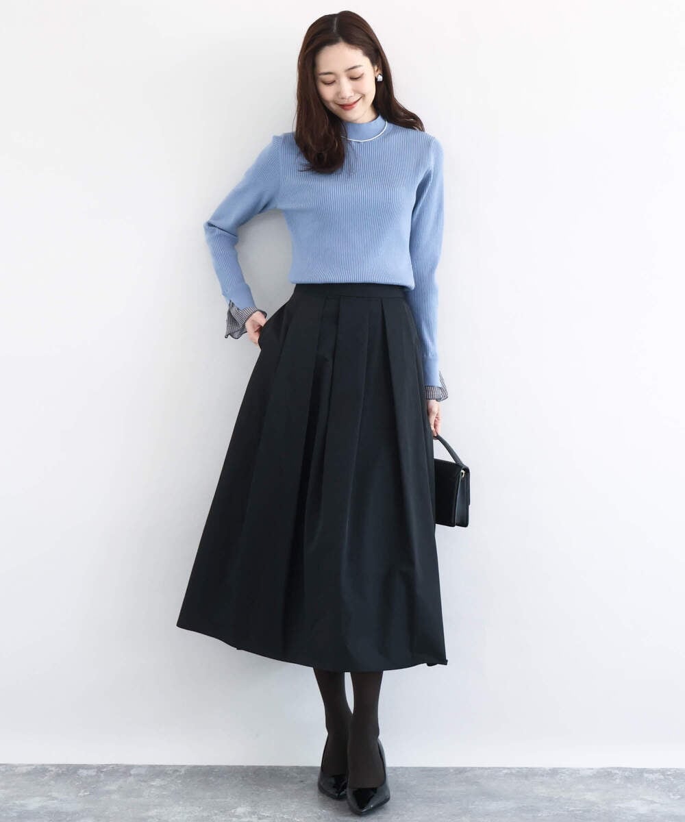 F1FDD64130 MK MICHEL KLEIN(小さいサイズ)(メゾン ドゥ サンク) 千鳥格子柄シフォンレイヤード風ハイゲージニット/洗える ライトブルー